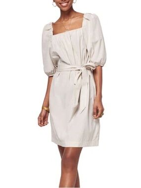 Faherty Khai Beige Belted Tie Waist Puff Sleeve Square Neck Cotton Poplin Dress